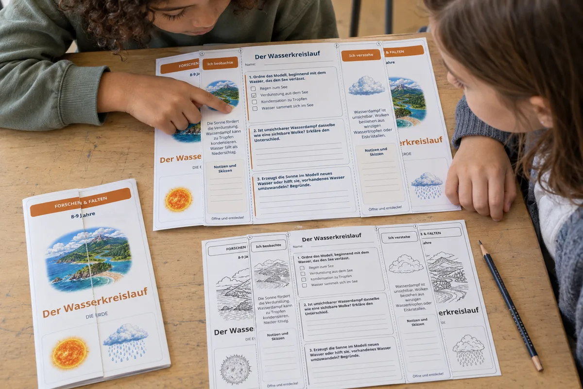 Illustrative Anwendungsszene: Zwei Kinder erkunden gemeinsam den Wasserkreislauf mit offenen und gefalteten Aktivitäten in Farbe und Schwarz-Weiß.