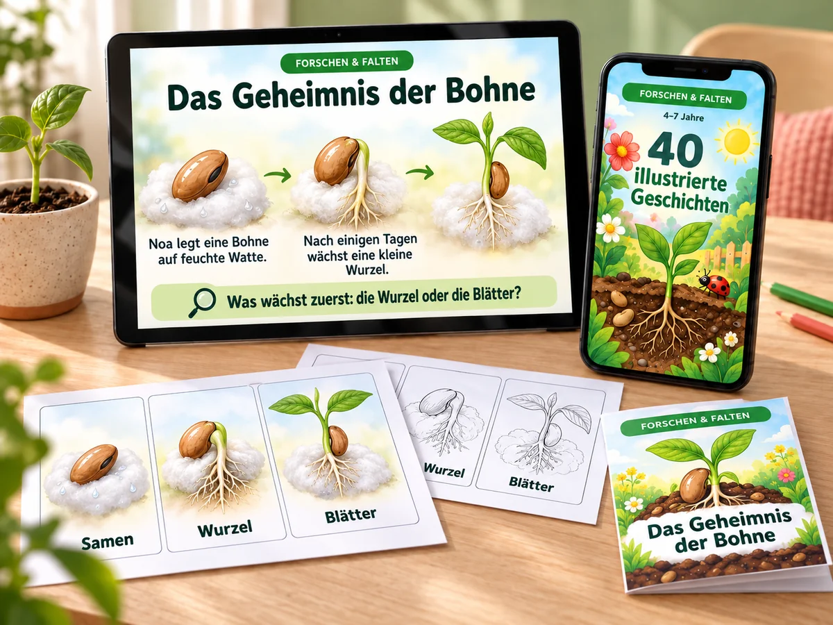 40 illustrierte Geschichten: Das Geheimnis der Bohne auf dem Tablet, das Titelbild auf dem Smartphone und gedruckte Aktivitäten.