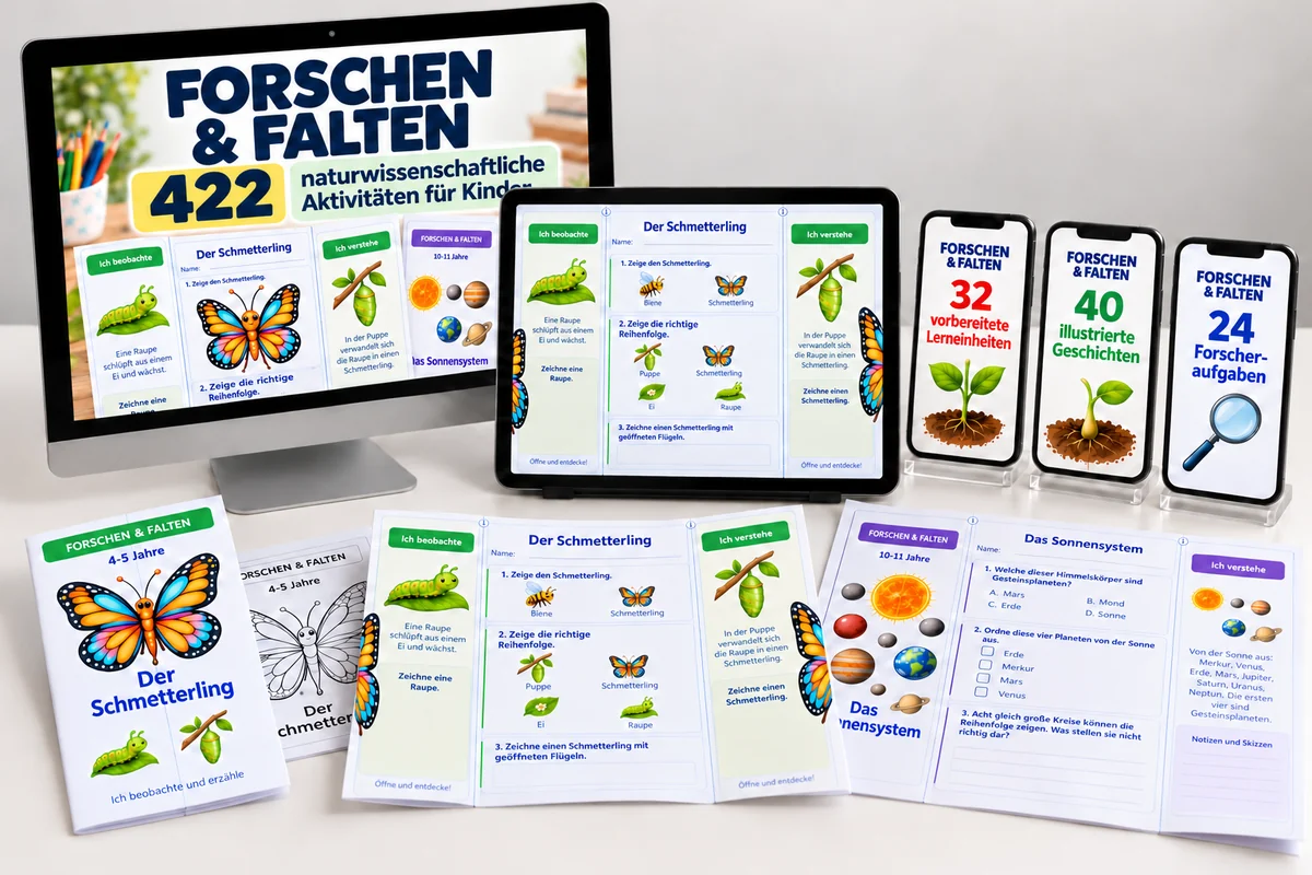 Das komplette digitale Materialpaket: Forschen & Falten mit 422 naturwissenschaftlichen Aktivitäten auf dem Computer, eine Aktivität auf dem Tablet, drei Extras auf Smartphones sowie offene und gefaltete Ausdrucke.