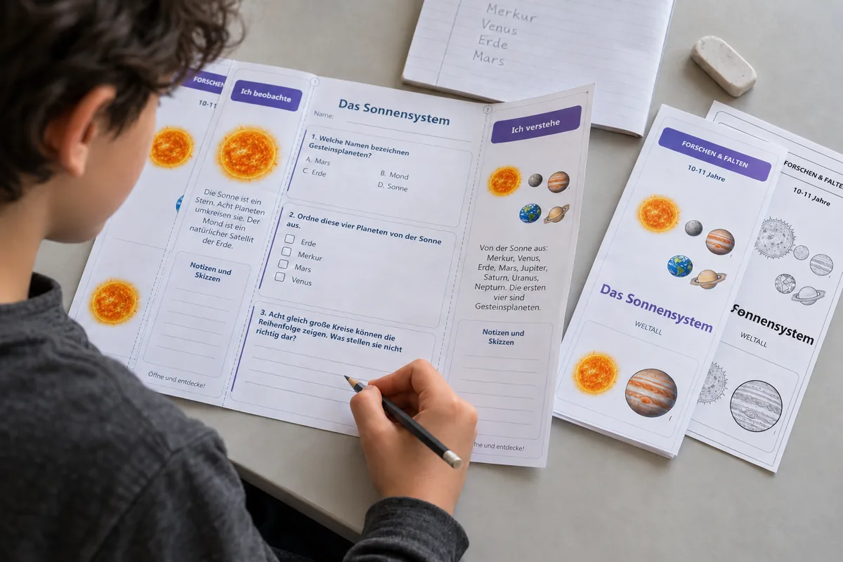 Illustrative Anwendungsszene: Ein älteres Kind schreibt in die aufgeklappte Aktivität zum Sonnensystem. Farbige und Schwarz-Weiß-Versionen liegen daneben.